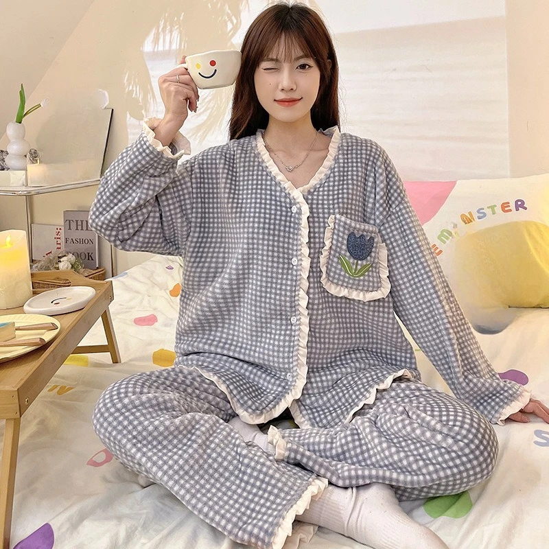 Neue Frühlings- und Herbst-Pyjamas für Teenager-Mädchen, karierte Strickjacke, Damen-Studenten-Set in Übergröße, langärmeliges Hosen-Set, Damen-Loungewear, lässige Homewear