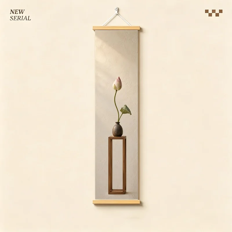 Botanical Wall Art 4-Panel Lotus Vase Hanging Scroll Set on Beige Silver Shimmer Canvas for Quiet Zen Living Room Decor