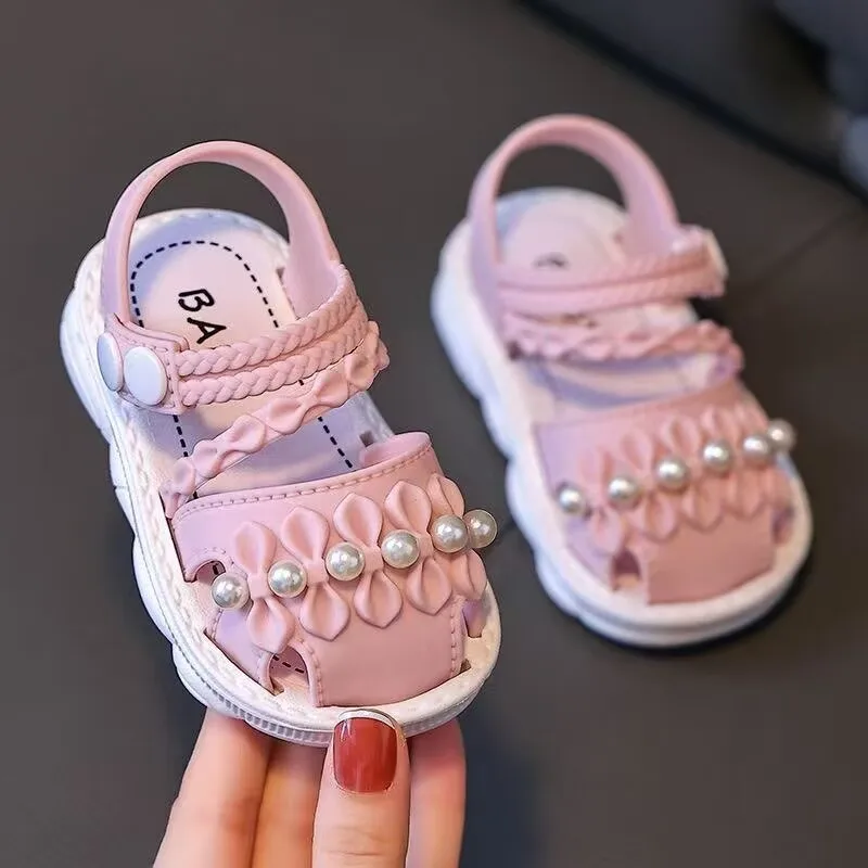 Summer Girls Sandals Cute Bow Pearl Bead Baby Girl Shoes Soft Bottom Toddler Sandals