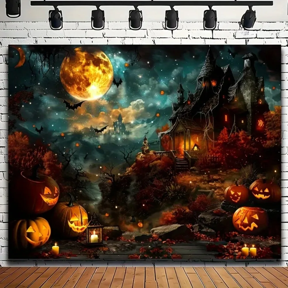 Halloween Pumpkin Lantern Bat Theme Banner Background, Terrifying Medieval Castle, Home Decoration Photography Background Cloth