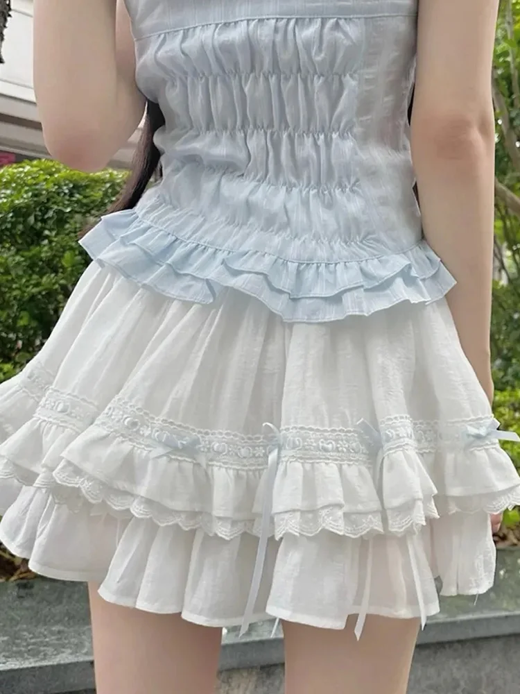 Zoki Bow Sweet Women White Skirt Cute Casual Elegant High Waist Mini Skirts Vintage Preppy Style Kawaii Female Ball Gown Skirt
