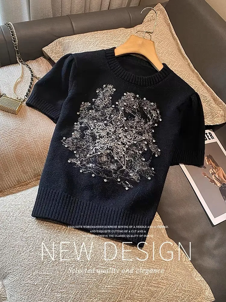 Diamonds Sweater For Women Star Embroidery Stylish Vintage Elegant Pullover Tops 2024 Summer Short Sleeve O-neck Jumper Knitwear