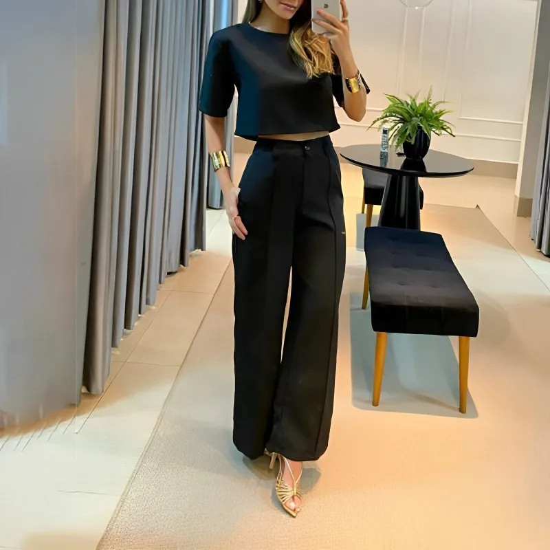 New Arrivals Fashion 2024 Spring Summer New Women's Clothing Solid Color Temperament Commute Short Top Straight-Leg Trousers Fas