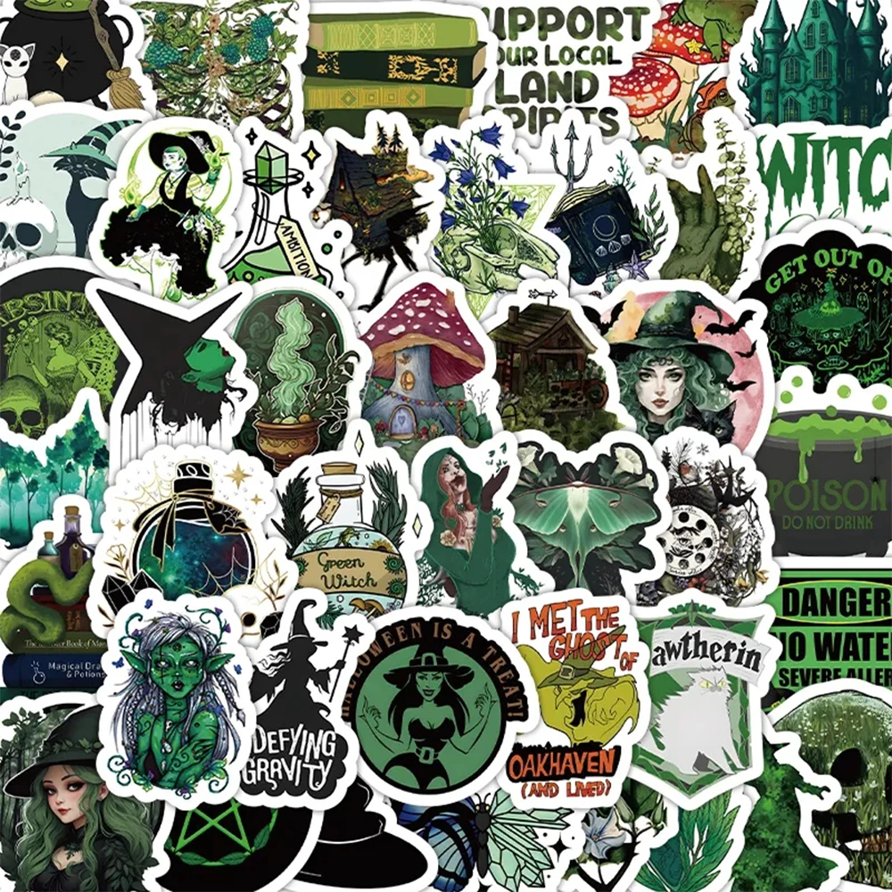 10/30/50/100pcs Cool Retro Green Magic Wizard Witch Stickers Laptop Phone Skateboard Fridge Car Gothic Retro Waterproof Sticker