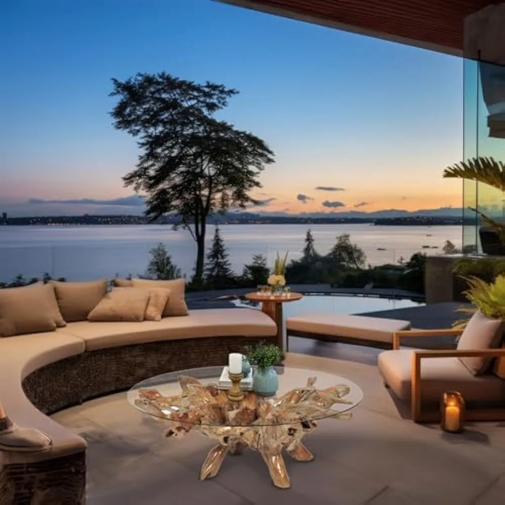 Teak Root Coffee Table, Including A 55 Inch Round Glass Tabletop