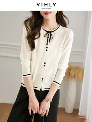 Vimly Chic White Knitted Cardigans for Women 2023 Spring Korean Style New In Knitwear Slim Black Bow Neck Knit Sweater Top 72329