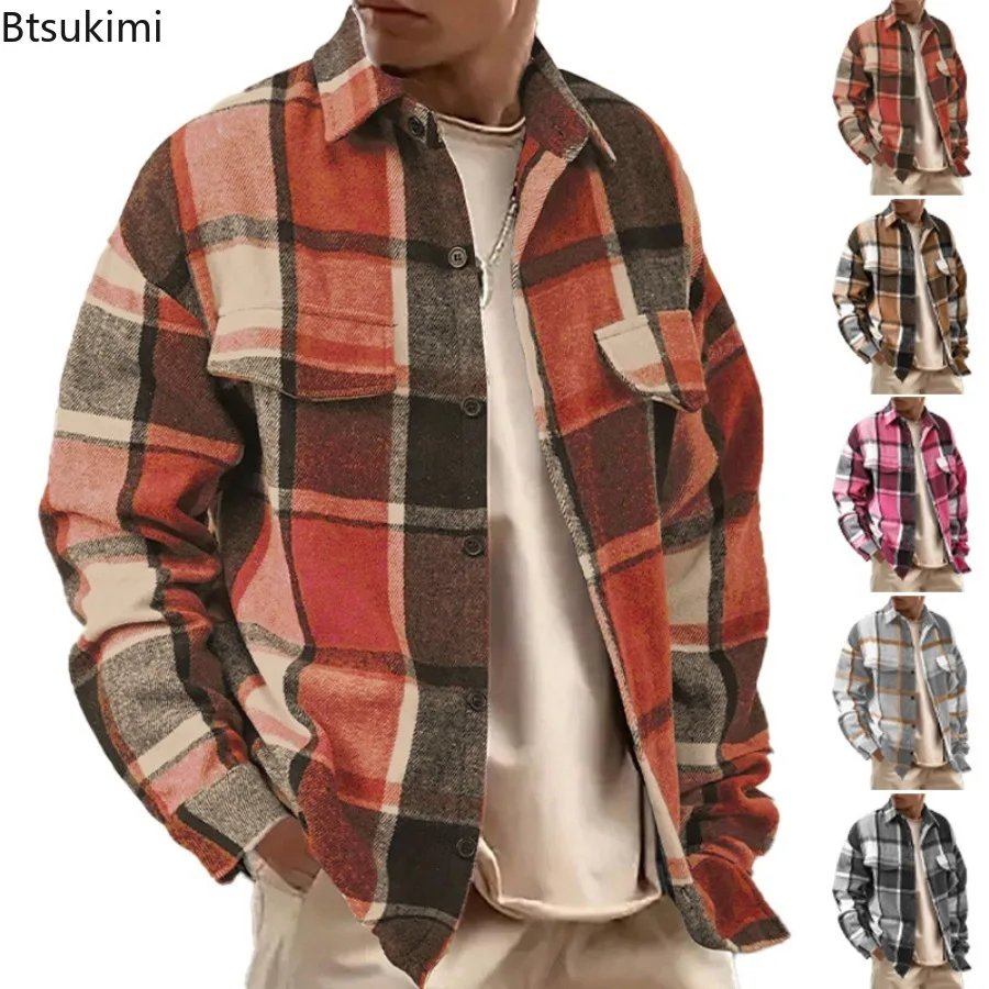 2026 Men's Spring Thicken Casual Shirt Jacket  Versatile Single Breasted Plaid Shirts Classic England Loose Lapel Man's Shirts