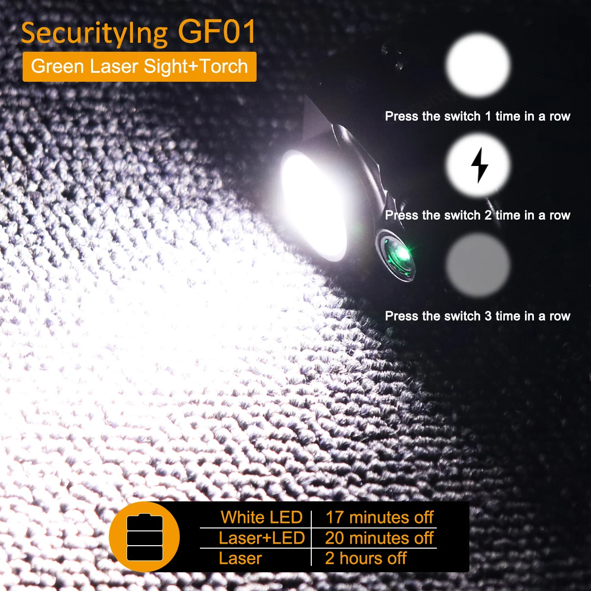 SecurityIng-Lampe de poche aste GF01 800 lumens pour rail Picatinny de largeur 20mm avec 3 modes de lumière, lampe de poche étanche IPX-6