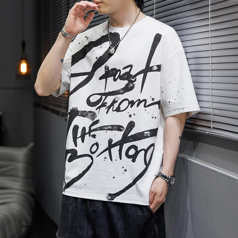 Summer Men's Letter Pullover Short Sleeve Round Neck Printing Hand-Painted T-shirt Casual Loose Clothing Boyfriend Stylish Tops