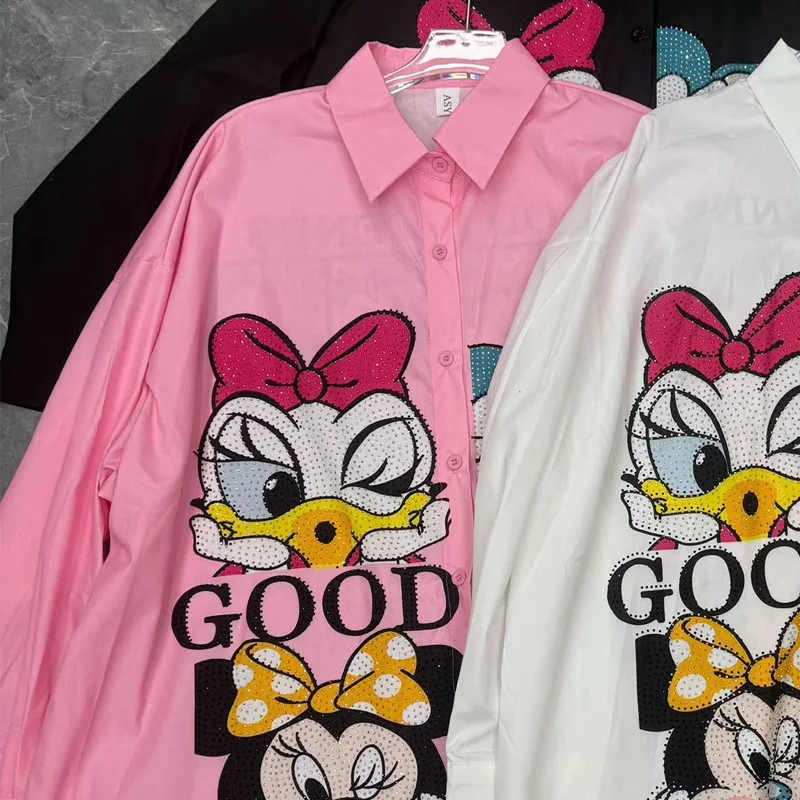 

Осень 2025 г., новая мода, свободная рубашка с длинными рукавами и стразами с мультяшным принтом, кардиган для женщин