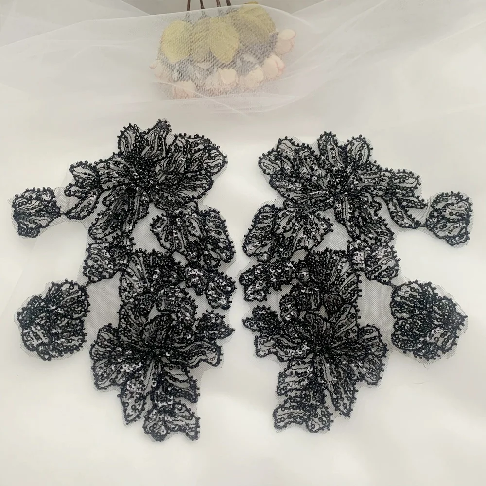 Delicate Wedding Sequins Head Ornaments, Body Lace Applique, Ivory White Dress, DIY Lace Trim, 1Pair, 19x25cm
