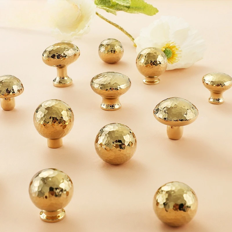 Solid Brass Furniture Handle Zirconium Gold Hand-hammered Finish Round Single-hole Design Cabinet Drawer Vanity Handle