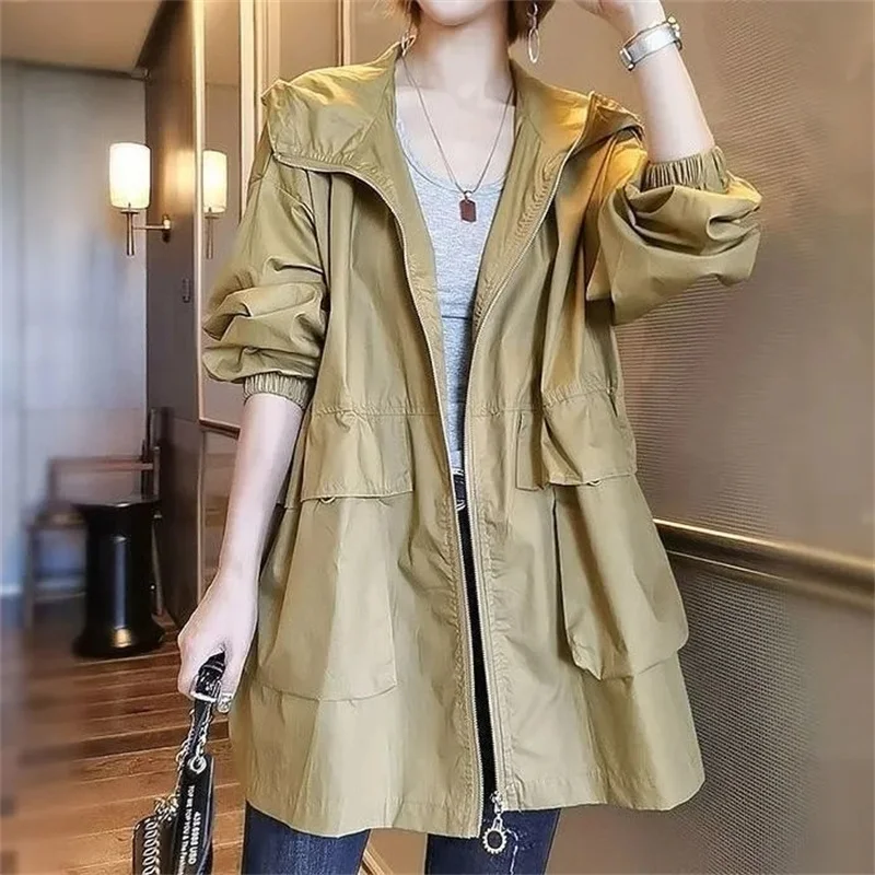 

khaki Jacket Women's Tops 2024 Spring Autumn New Loose Thin Middle-Aged Hooded Long Coat Fashion Jackets Female Outerwear