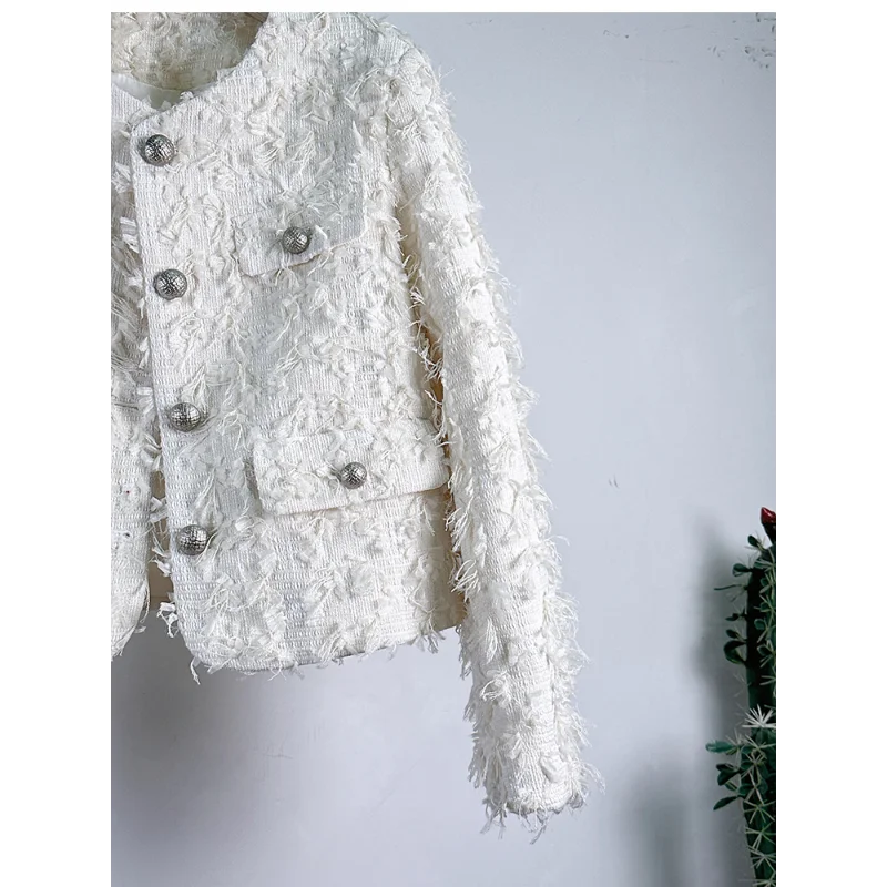 Women White Small Fragrance Short Coat Spring High Quality French O Neck Tassel Long Sleeve Casual Sweet Tweed Lady Pink Jacket