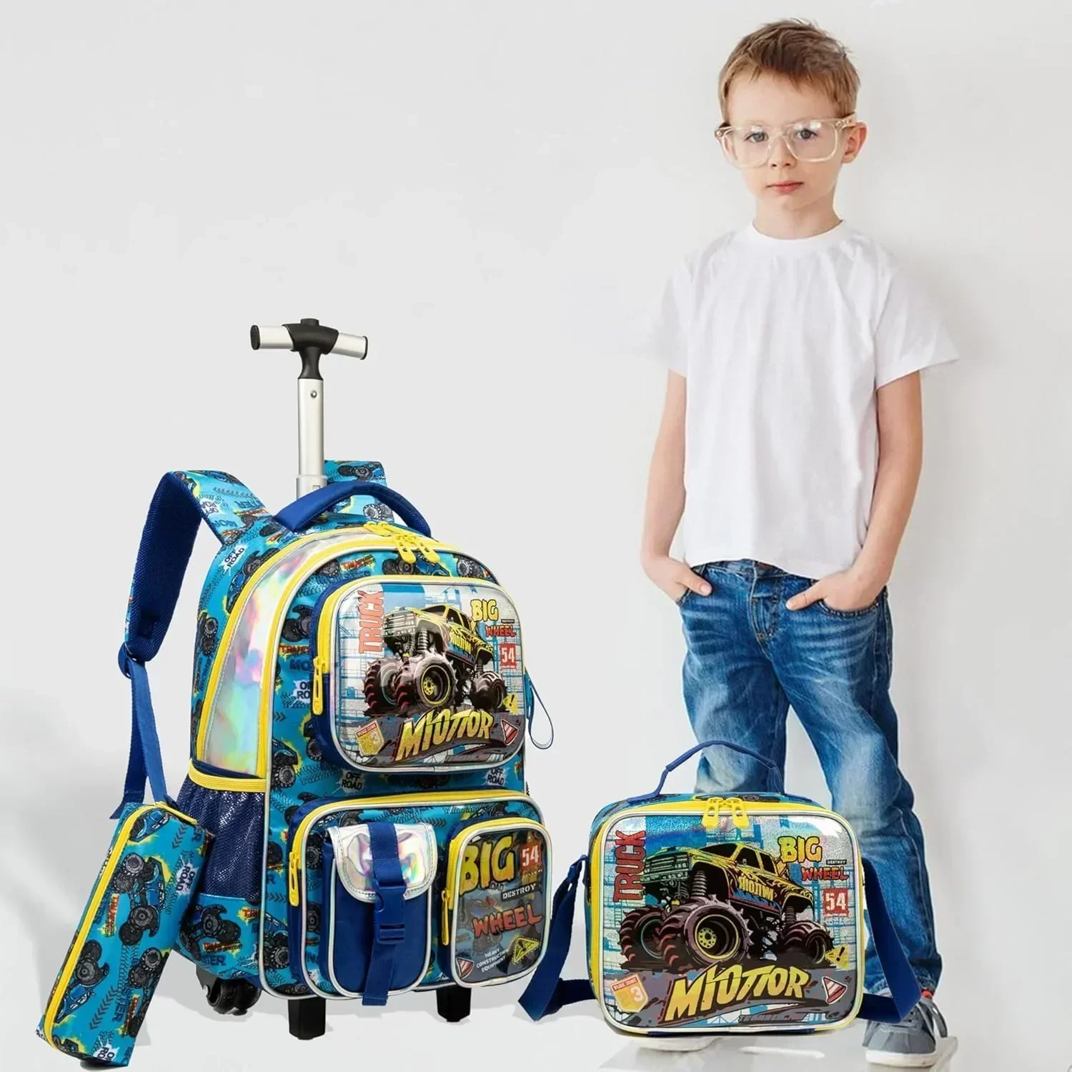 

School Bags Kids Rolling Backpack for Boys Trolley Roller Luggage Backpacks on Wheels Elementary Multiple Function Pockets Bag