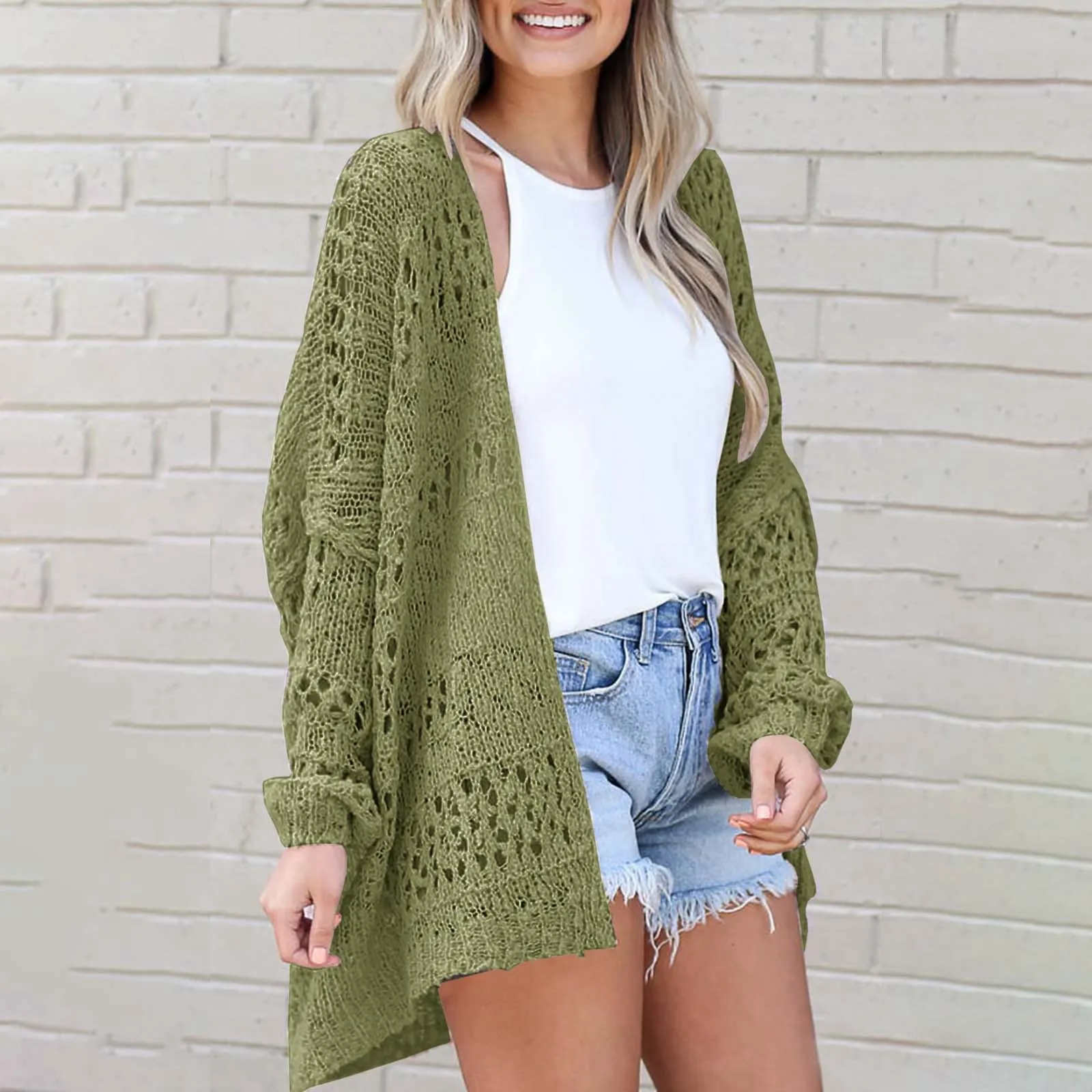 2024 Women Summer Autumn Crochet Cardigan Sweater Long Sleeve Solid Color Hollow Out  Boho Oversized Open Front Fashion Outwear