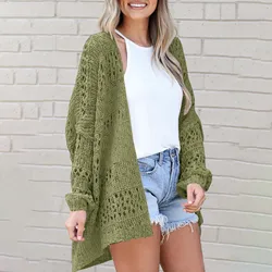 2024 Women Summer Autumn Crochet Cardigan Sweater Long Sleeve Solid Color Hollow Out  Boho Oversized Open Front Fashion Outwear