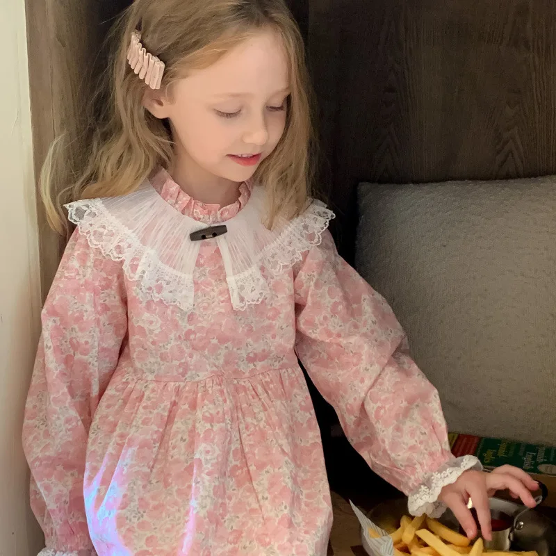 

Girls Dress New Autumn Fashionable Children's Floral Dress Little Girl Lace Trim Princess Dress