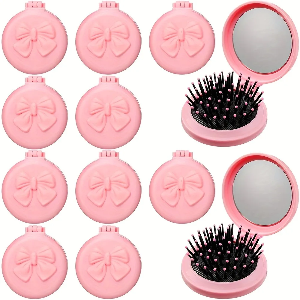 Juego de 2/6/12 cepillos de pelo mini rosas con lazo y espejo plegable, tamaño de viaje, regalo para mujeres, bodas, spa, fiestas