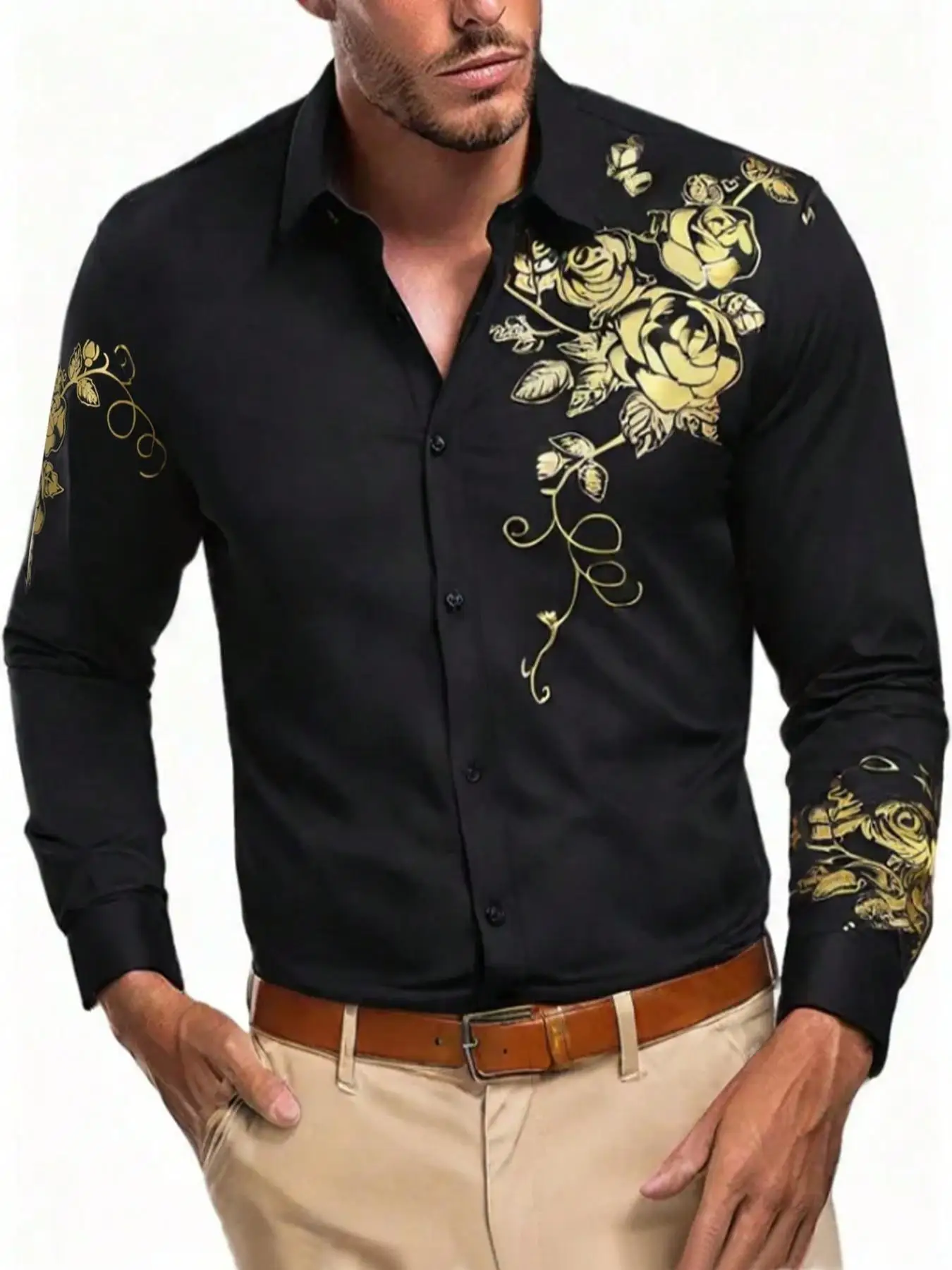 

Мужская рубашка на пуговицах с цветочным принтом спереди, топ стандартного кроя с длинными рукавами и воротником на весну и осень, модная мужская одежда