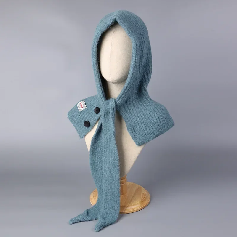 2027 Korean Knitted Balaclava Hat Women's Winter Warm Scarf Integrated Hooded Scarf Knitted Wool Beanie Cap
