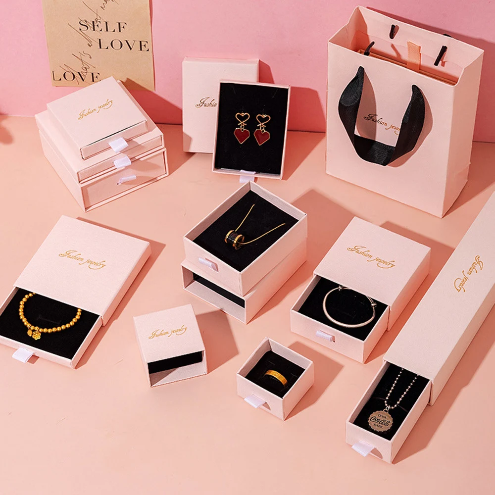 

Wholesale Custom Logo Pink Jewellery Packaging Sliding Drawer Box Ring Earring Necklace Bracelet Storage Cardboard Jewelry Case