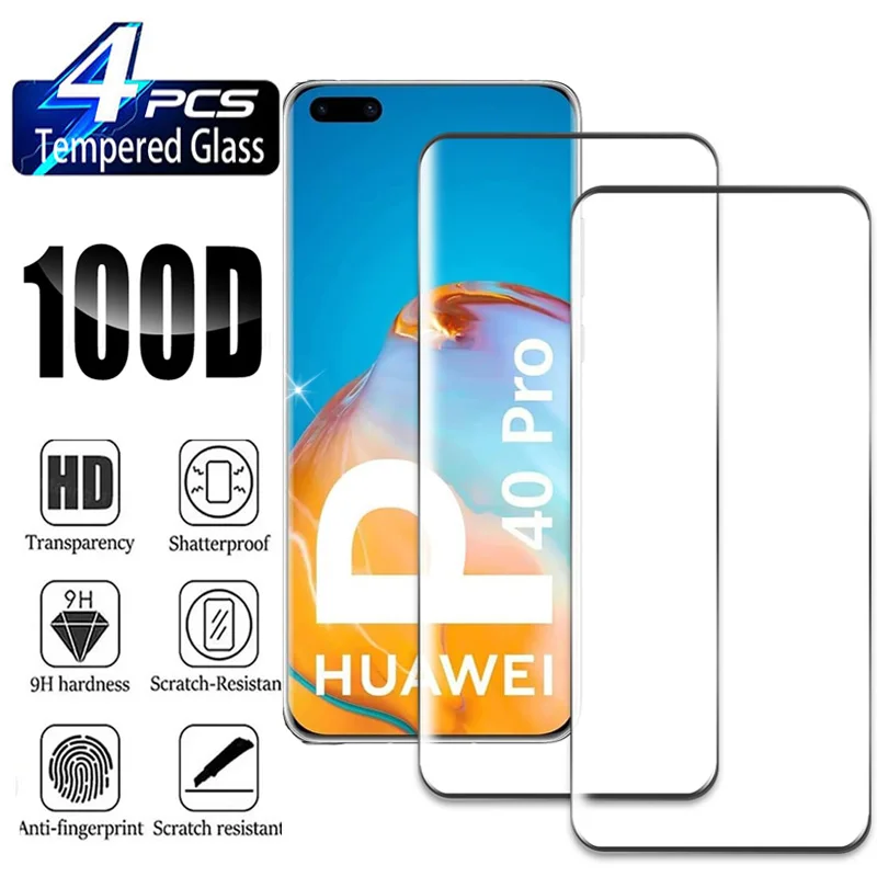 2/4Pcs HD Tempered Glass For Huawei P40 Pro, 9H Curved Four Sides Glue Screen Protector