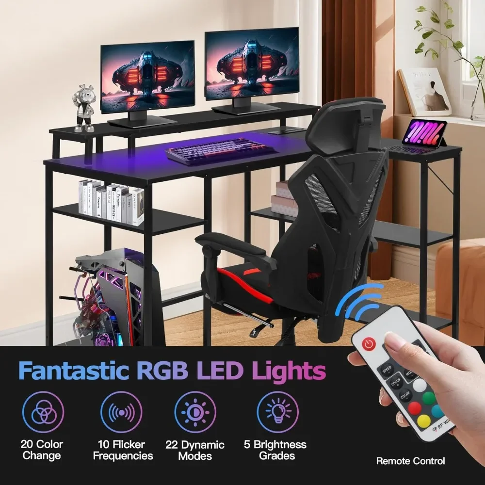 L Shaped Gaming Desk with LED Lights & Power Outlets, Reversible Computer Desk with Stand & Shelves