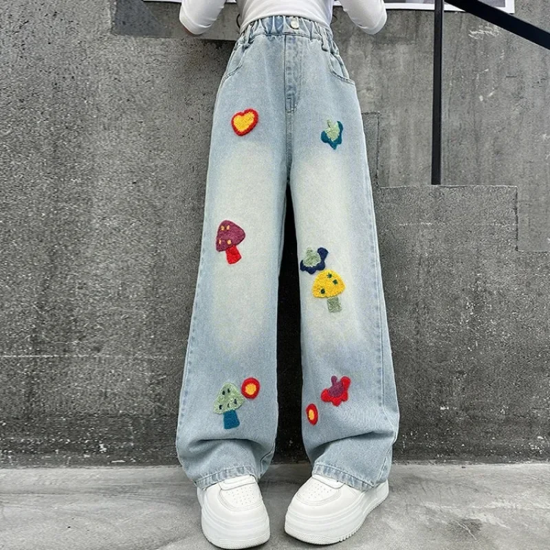 

Girls Loose Wide-leg Jeans Trousers Children Cartoon Mushroom Embroidery Straight Denim Pants Spring Autumn Clothing 5-12 Years