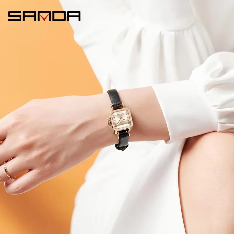 Sanda 1117 relógio de quartzo feminino quadrado pequeno mostrador moda simples pulseira de couro à prova dwaterproof água senhoras relógio de pulso casual reloj mujer