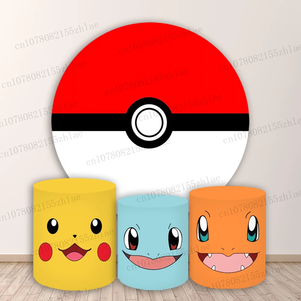 Pokemon Birthday party Photo Backdrop Baby Shower Photography Backdrop Round&Cylinders Plinth Covers Photo Background Banner