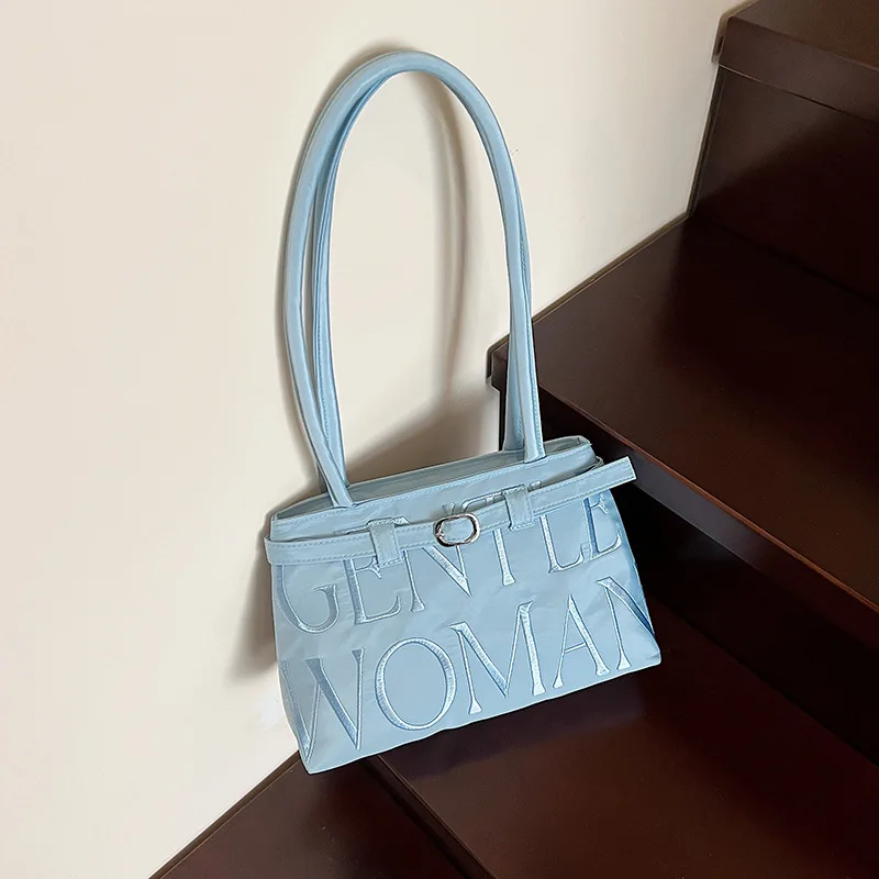 

2025 Summer Thai Satin Shoulder Bag Stylish Embroidered Letter Tote for Women Lightweight Fashion Purse Unique Niche Handbag