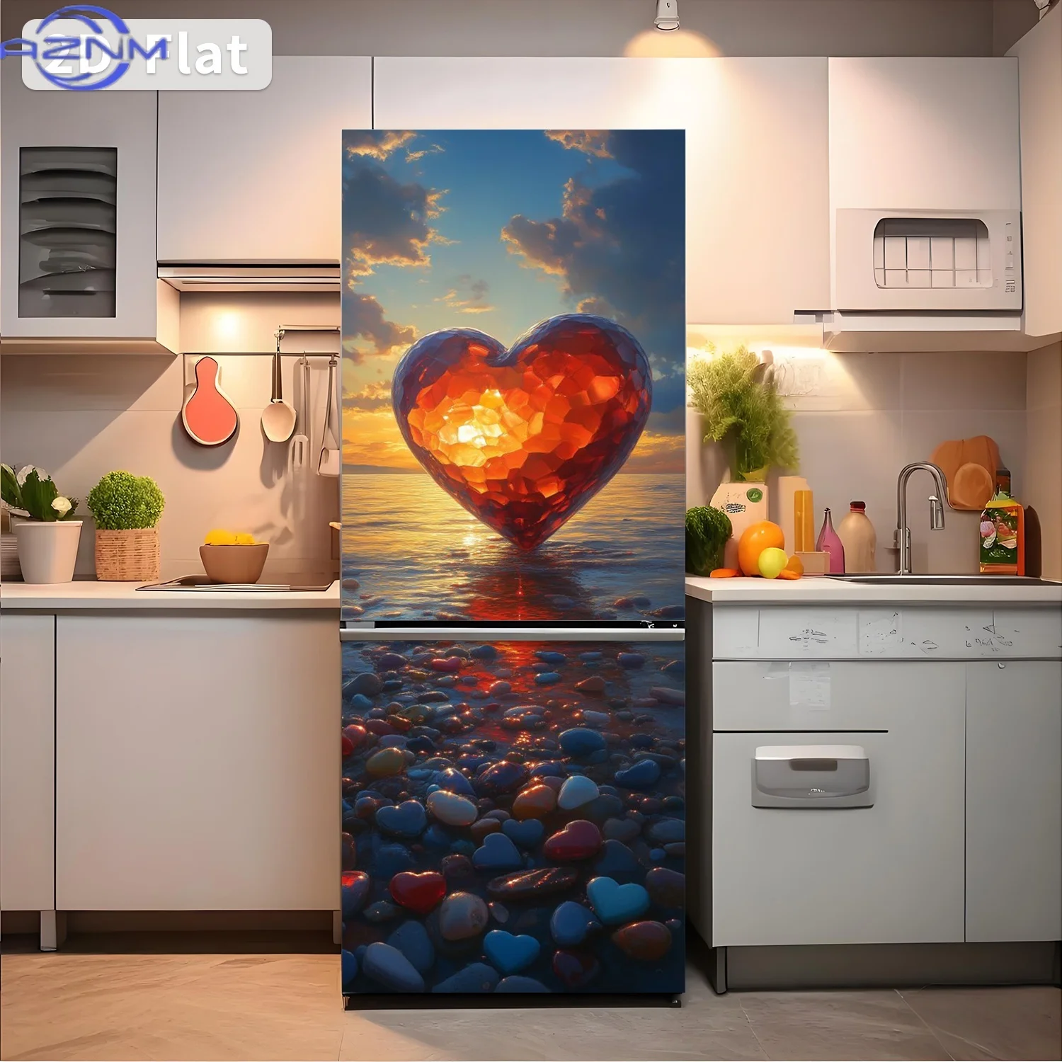Self-adhesive fridge sticker, 2D flat beach love heart stone pattern wall sticker 179.83x30.0 cm, removable, peel and stick, s