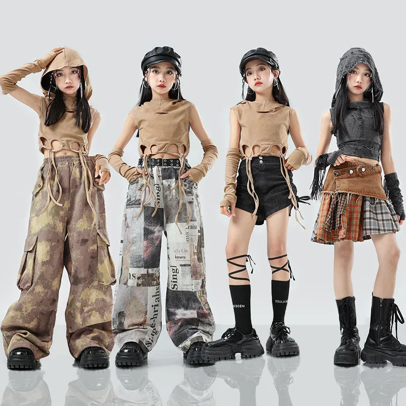 

Kid Wasteland Hip Hop Clothing Brown Hoodie Crop Tank Camouflage Print Cargo Pants Shorts for Girls Jazz Dance Costumes Clothes