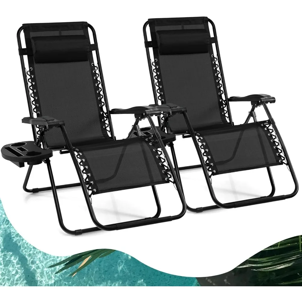 Zero Gravity Lounge Chairs, 160°Adjustable Folding Recliner w/Pillow and Cup Holder, 350LBS Comfy Outdoor Lounge Chairs for Pat
