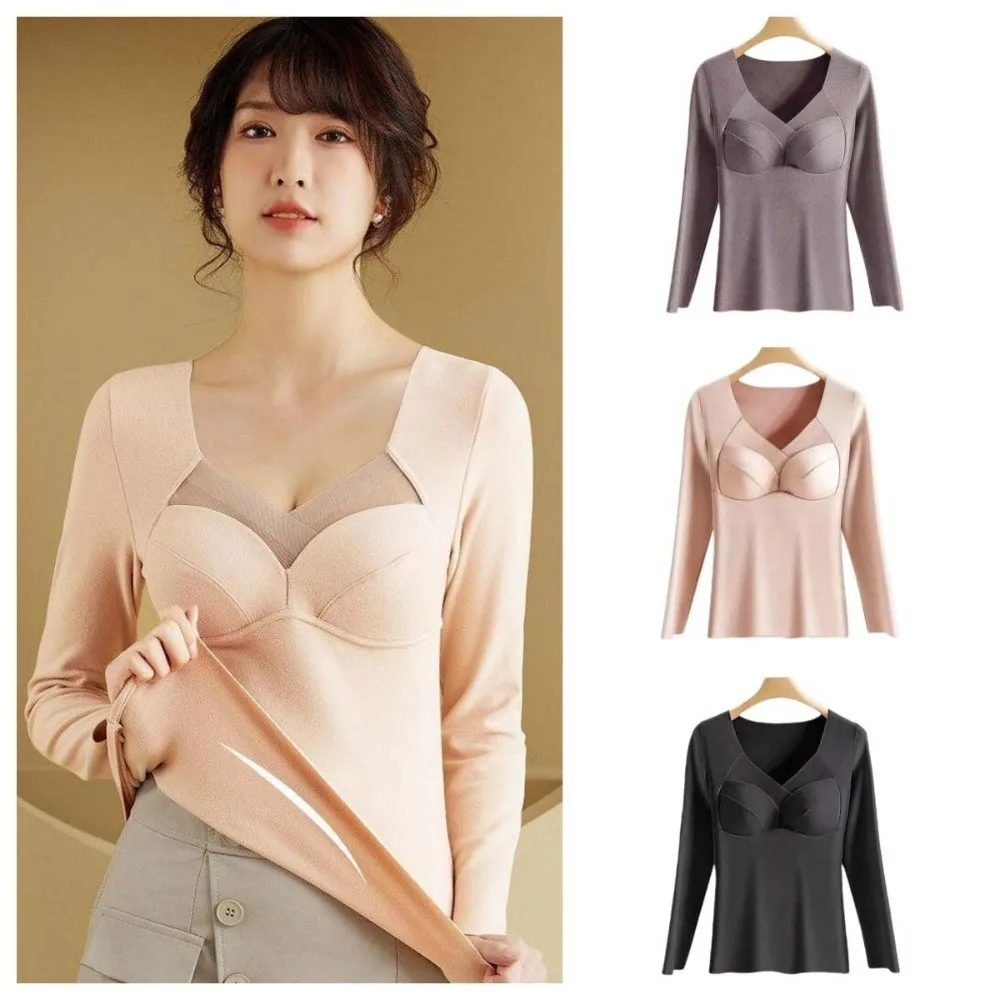 V Mesh Neck Women Thermal Clothes Solid Color Invisible Thermal Underwear Lingerie Velvet Fleece Warmth Long Tops Autumn Winter