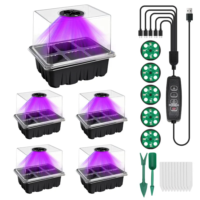 5Pc Seed Starter Tray Box With LED Grow Light Nursery Pot Seedling Germination Planter Adjustable Ventilation Humidity 6/12 Cell