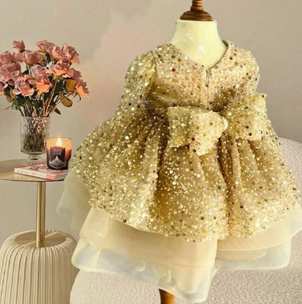 Customized Gold Flower Girl Dresses For Wedding Sequins Full Sleeves With Bow Holy Children First Communion Photo Shoot Gown
