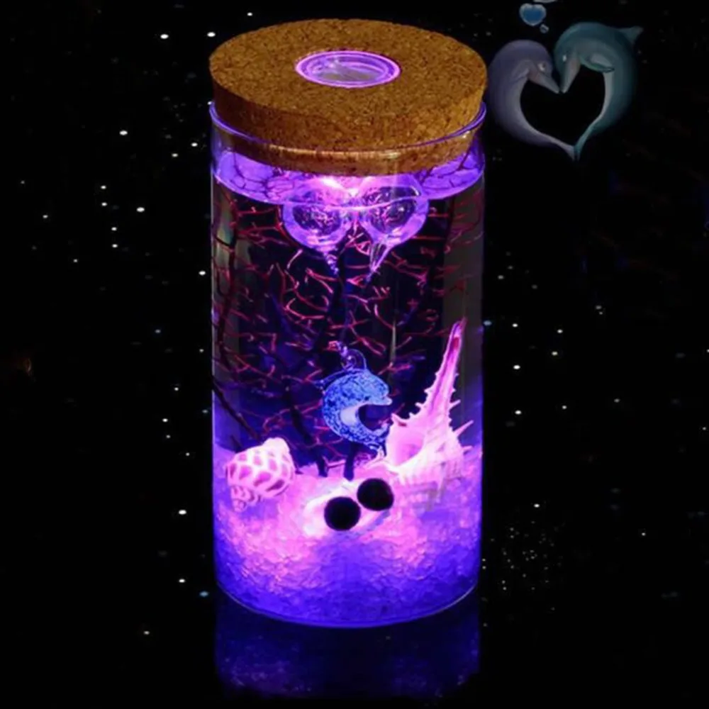 Hot Creative  Colorful 12cm Glass Bottle Jar LED Terrariums Wish Bottle Night Light Aquarium Glass Bottle Night Light#264311