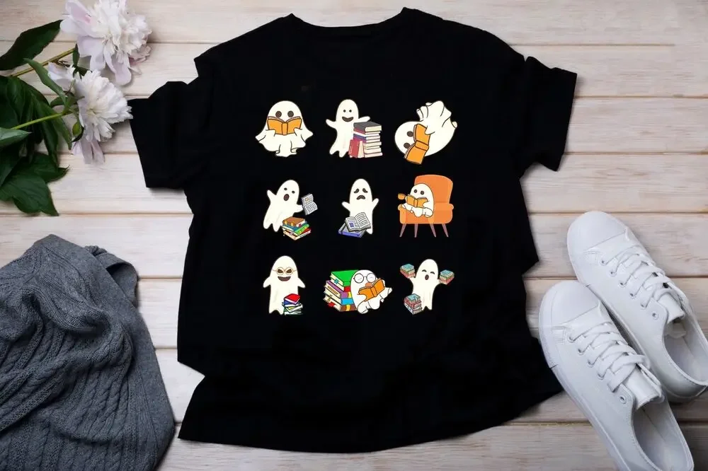 

Ghost Reading Book Cute Teacher Halloween T-Shirt Men Women Summer Tees Cotton vintage oversized