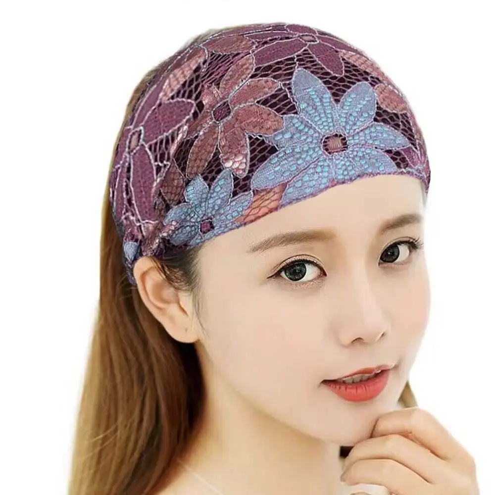 Sweet Non Slip Mesh Flower Headband Hollow Hair Hoop Lace Hairbands Headdress Korean Style Wide Side Head Wrap Female/Girls