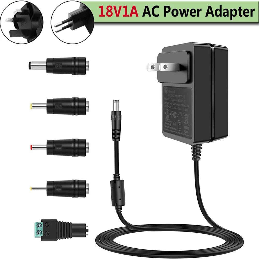 18V DC Power Supply UL Listed,110-240V AC to DC 18W AC Adapter Switching Charger Cord for 18Volt 0.1A 0.4A 0.5A 0.7A 0.9A Device