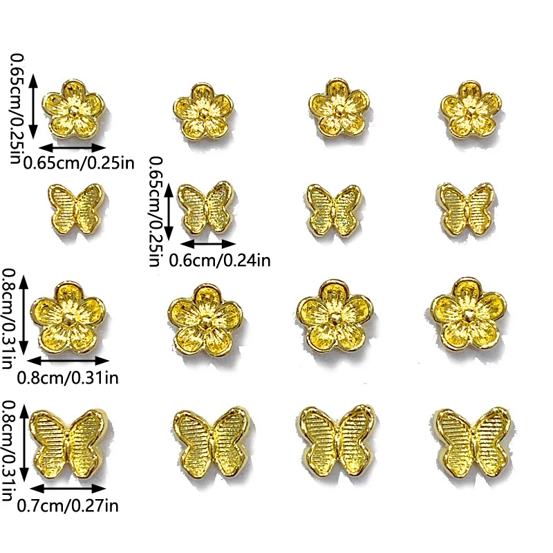 10PCS Golden 3D Butterfly Flower Nail Decoration Electroplated Golden Alloy Nail Accessory DIY Nail Art Drill