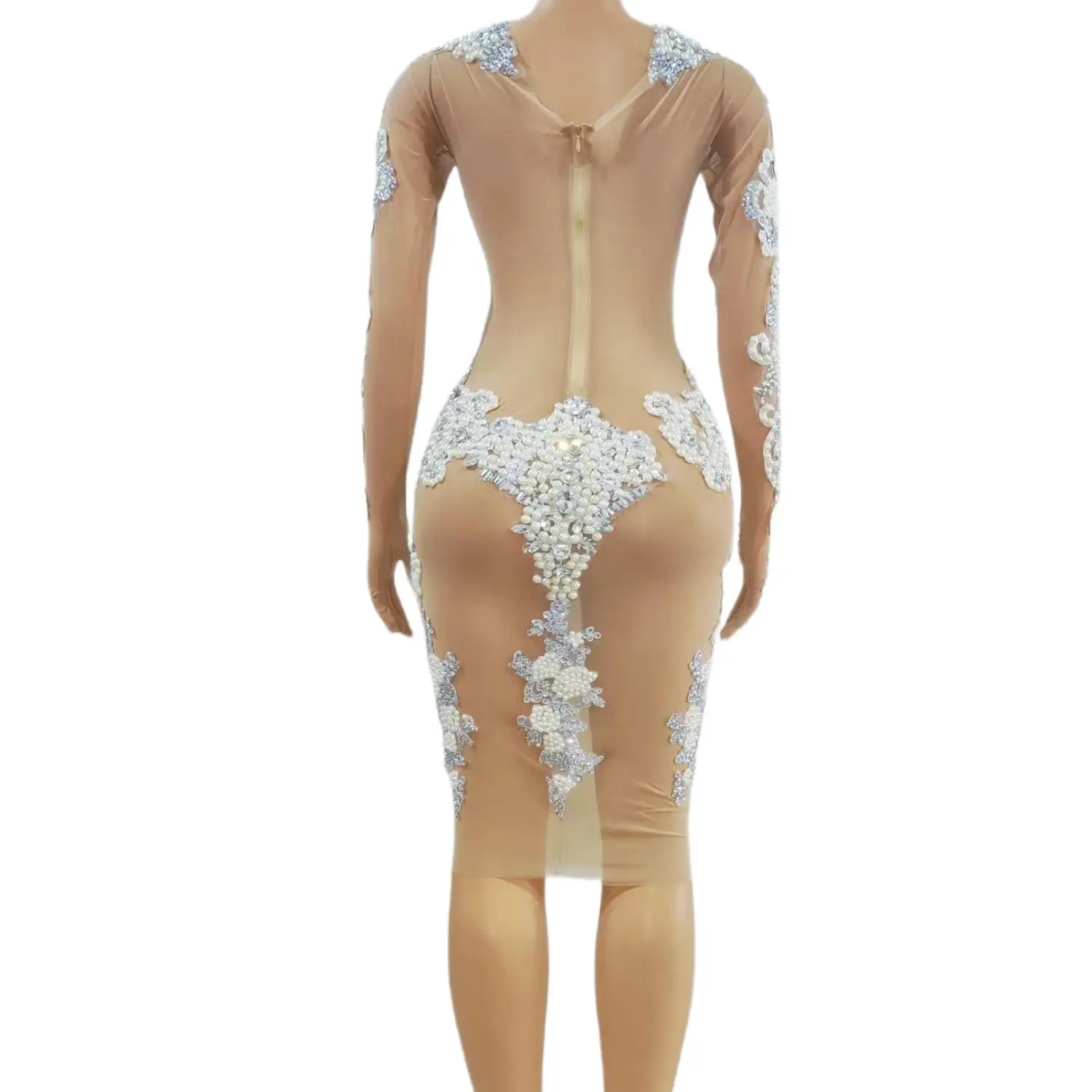 Dingzhibi Luxury Skin Tone Sheer Mesh Vintage Scroll Crystal Pearl Long Gown Full Sleeve Asymmetric Hem Nightclub Rave Outfit