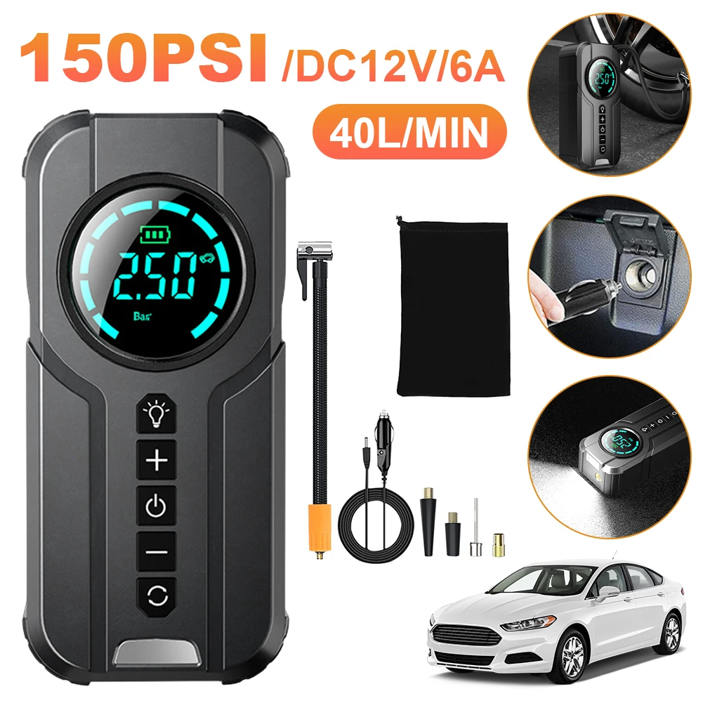 

150PSI Portable Air Compressor for Car Bike Tires 6000mAh Rechargeable Cordless Tire Pump LCD Display Accurate Pressure Detector