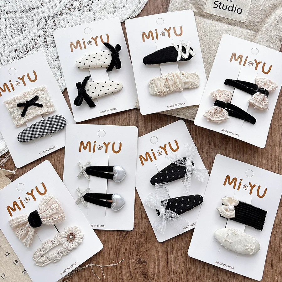 2Pcs/set Elegant Lace Bow Baby Hair Clips Fashion Korean Style Girls Students Hairpin Headwear Black White Kids Accessories