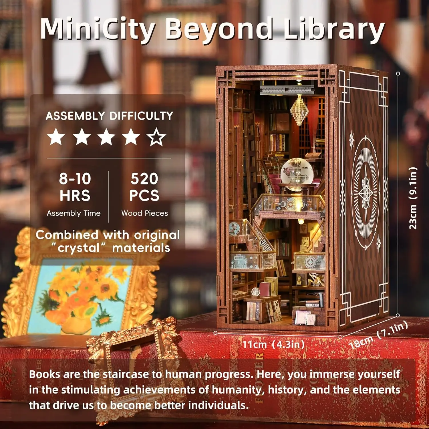 Beyond Library Book Nook Kit, DIY Wooden Bookshelf Model with LED | Create a private library for display; LED, dust cover, glue/