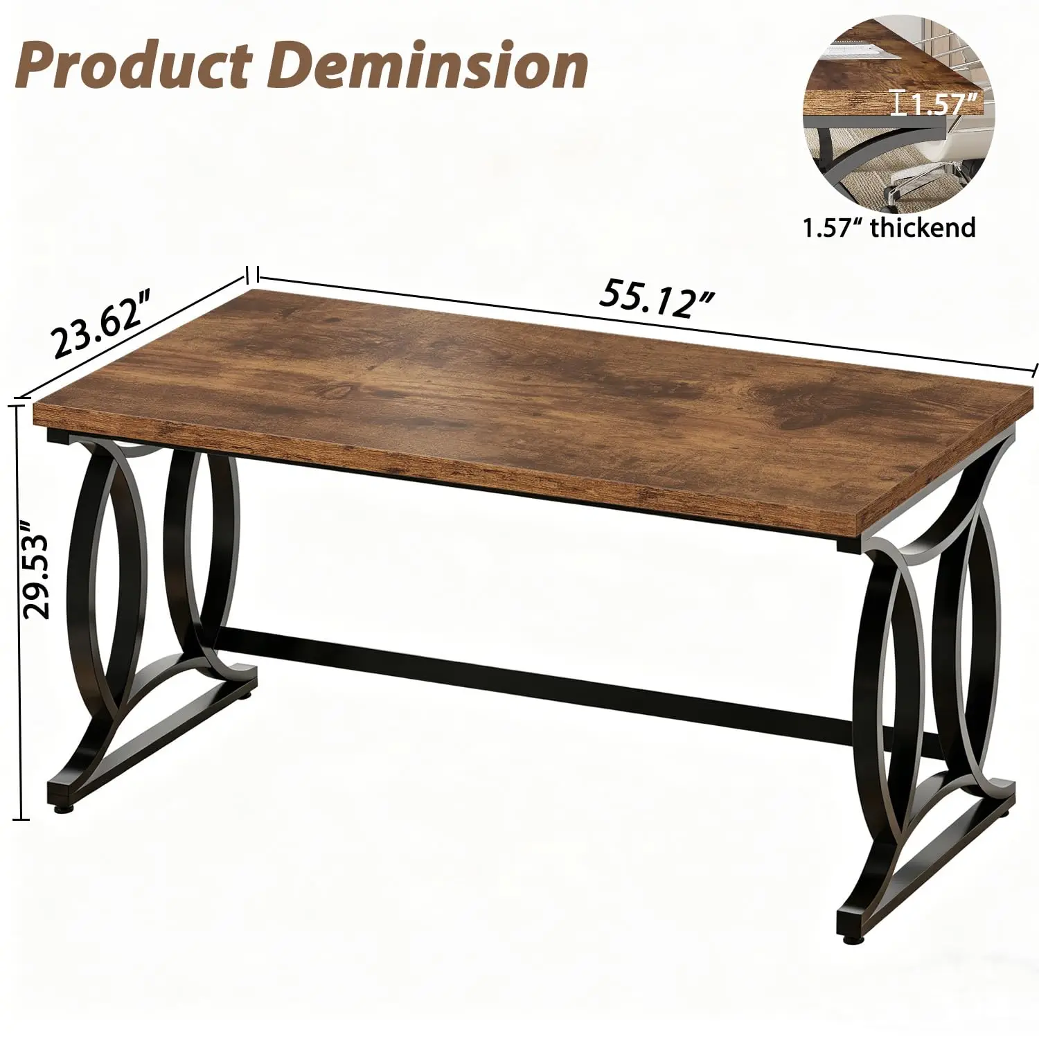 Rustic Metal Wood Computer Desk 55 Inch Industrial Study Work Gaming PC Table Bedroom Brown, Customized