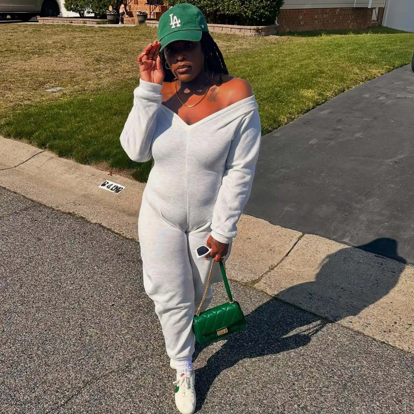 

DSMTRC Women Long Sleeve Playsuits 2025 New Autumn Winter Off Shoulder V-neck Solid Basic Sexy Loose Sports Jumpsuits Streetwear