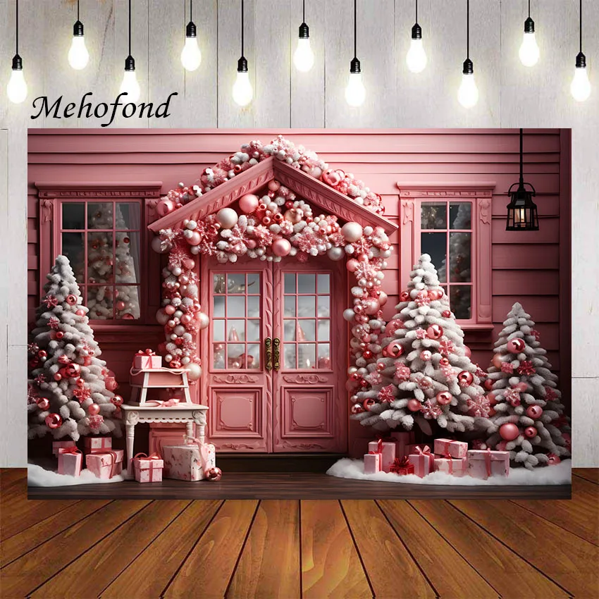 Mehofond Photography Background Winter Christmas Pink House Gift Xmas Tree Snow Kids Family Portrait Decor Backdrop Photo Studio